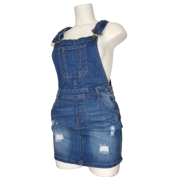 Wax Jeans Women's Juniors Distressed Denim Overall Dress Size Medium. - Picture 2 of 15